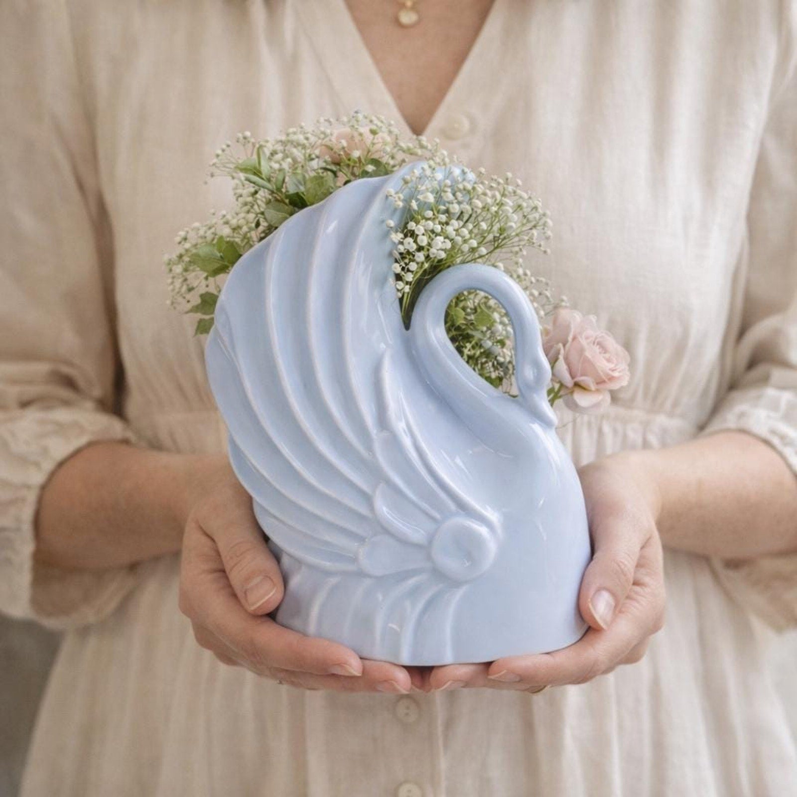 Vintage NILOC Swan Planter Periwinkle Blue Pottery Art Deco Vase 8 Inch