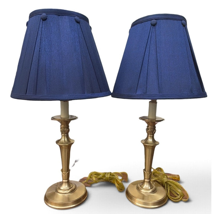 Pair Vintage Baldwin Brass Table Lamps Navy Silk Pleated Shades 22 Inch