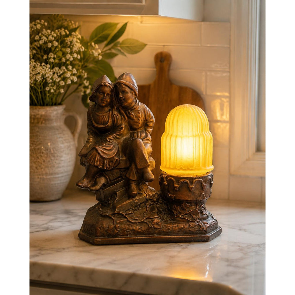 Vintage Chalkware Dutch Couple Lamp | Amber Glass Globe Night Light