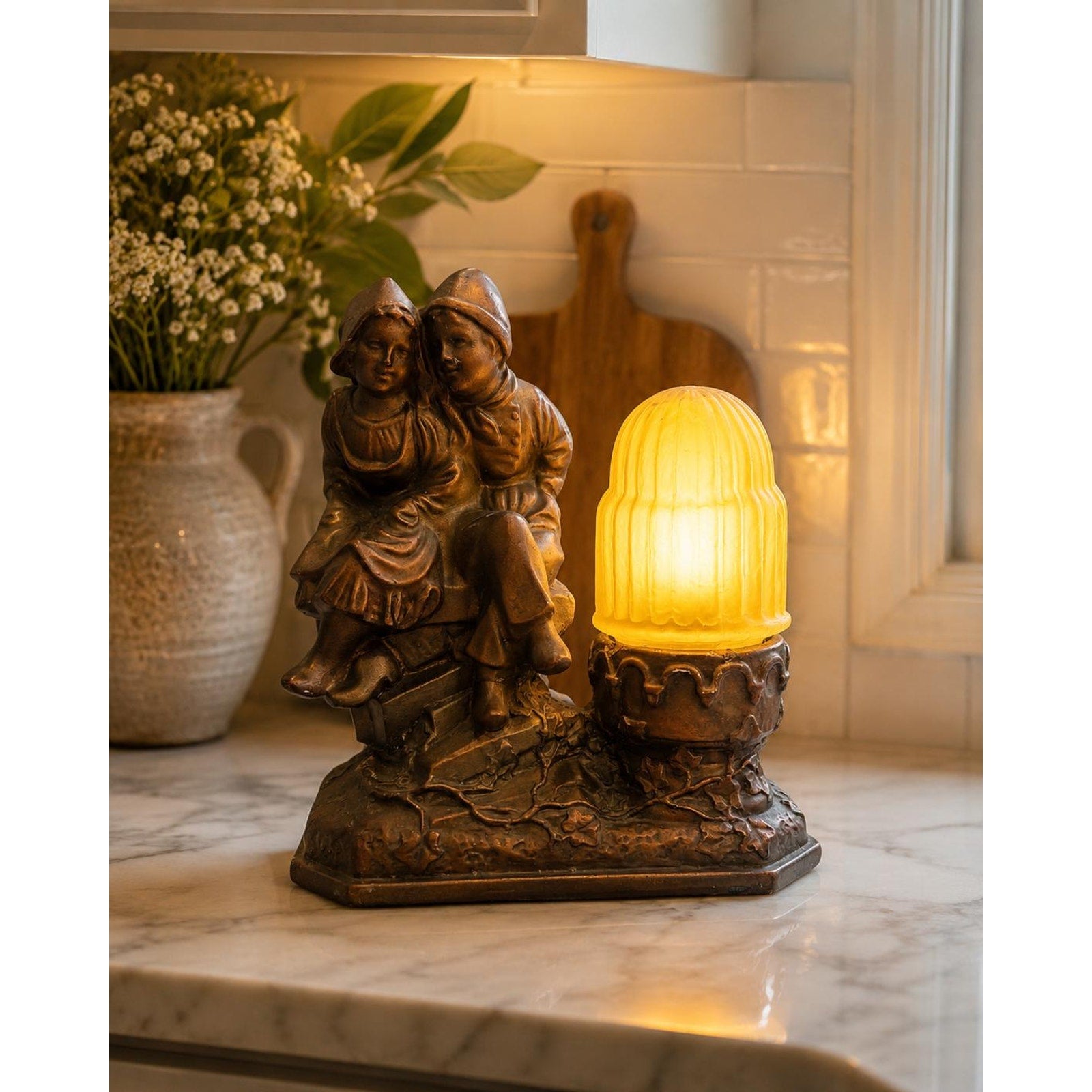 Vintage Chalkware Dutch Couple Lamp | Amber Glass Globe Night Light