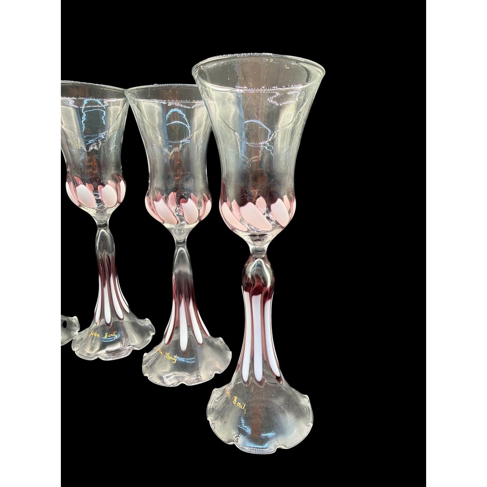 Jean Boutz Hand Blown Art Glass Goblets Set 6 Pink Signed Stemware
