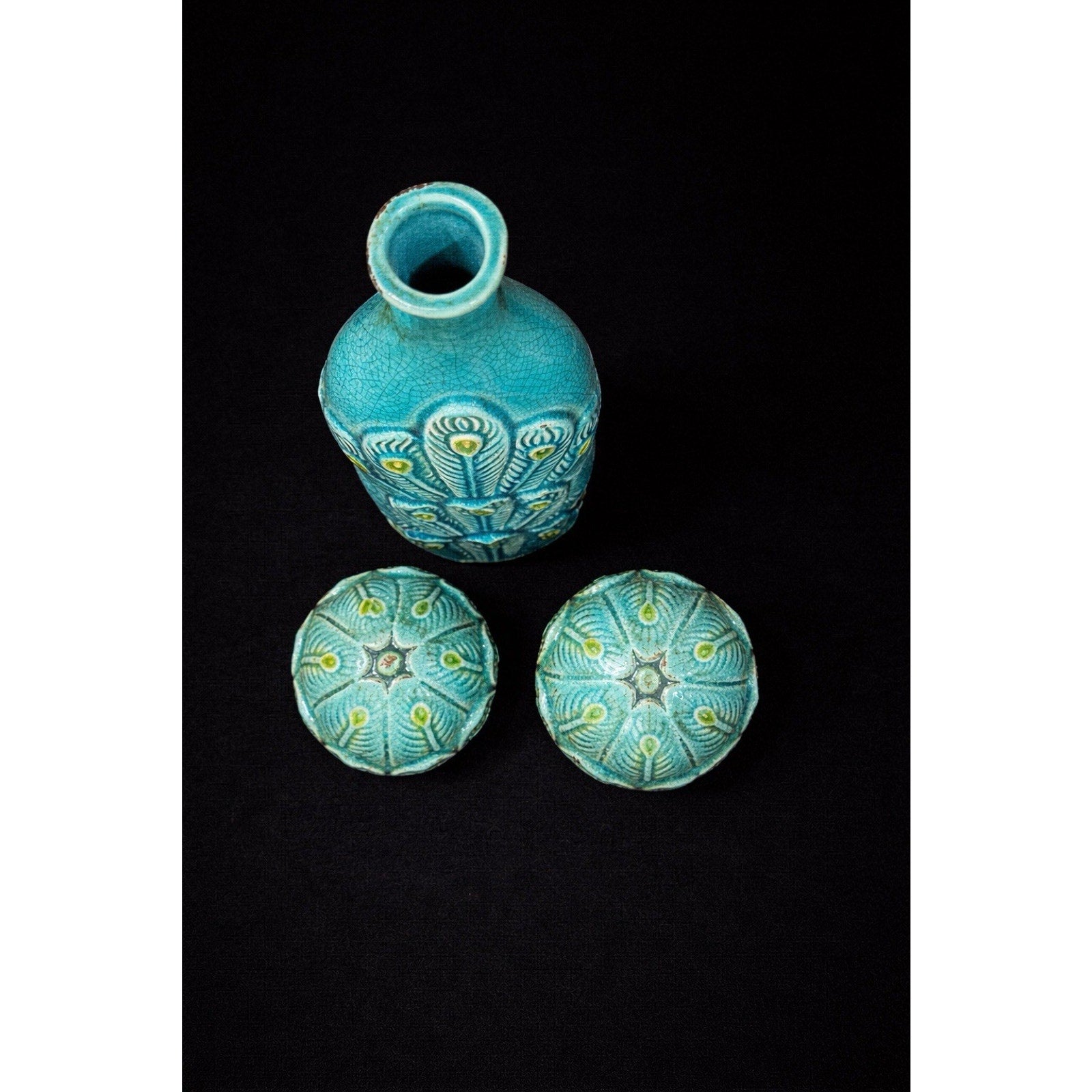 Vintage Turquoise Crackle Glaze Peacock Ceramic Vase & Orb Decor Set of 3