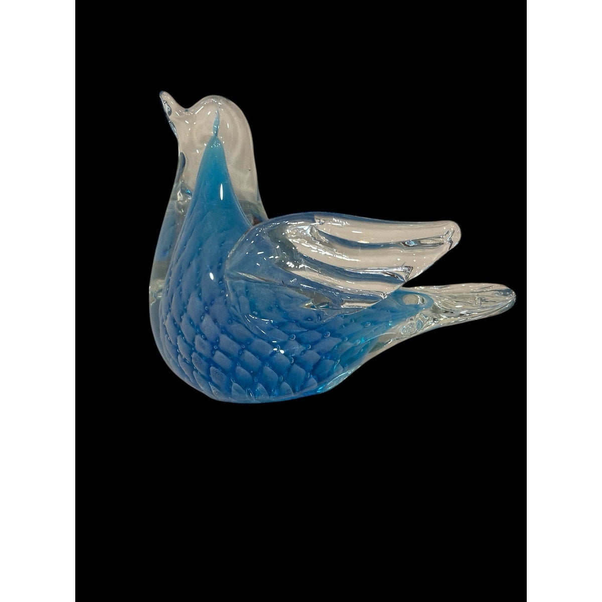 Hand Blown Blue Art Glass Bird Paperweight Figurine 7” Dia Coastal Decor