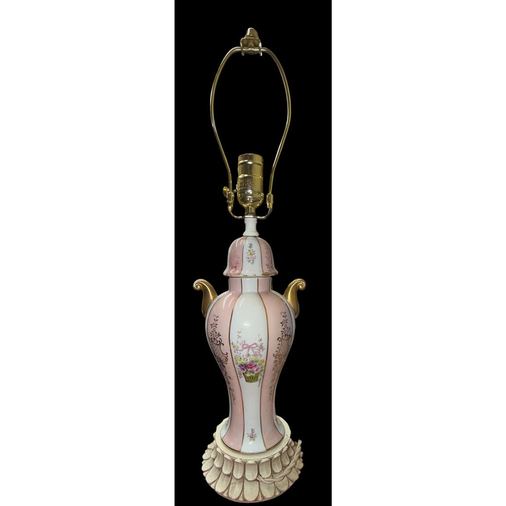 Vintage Pink Floral Ceramic Urn Table Lamp Rewired Pink Bell Shade