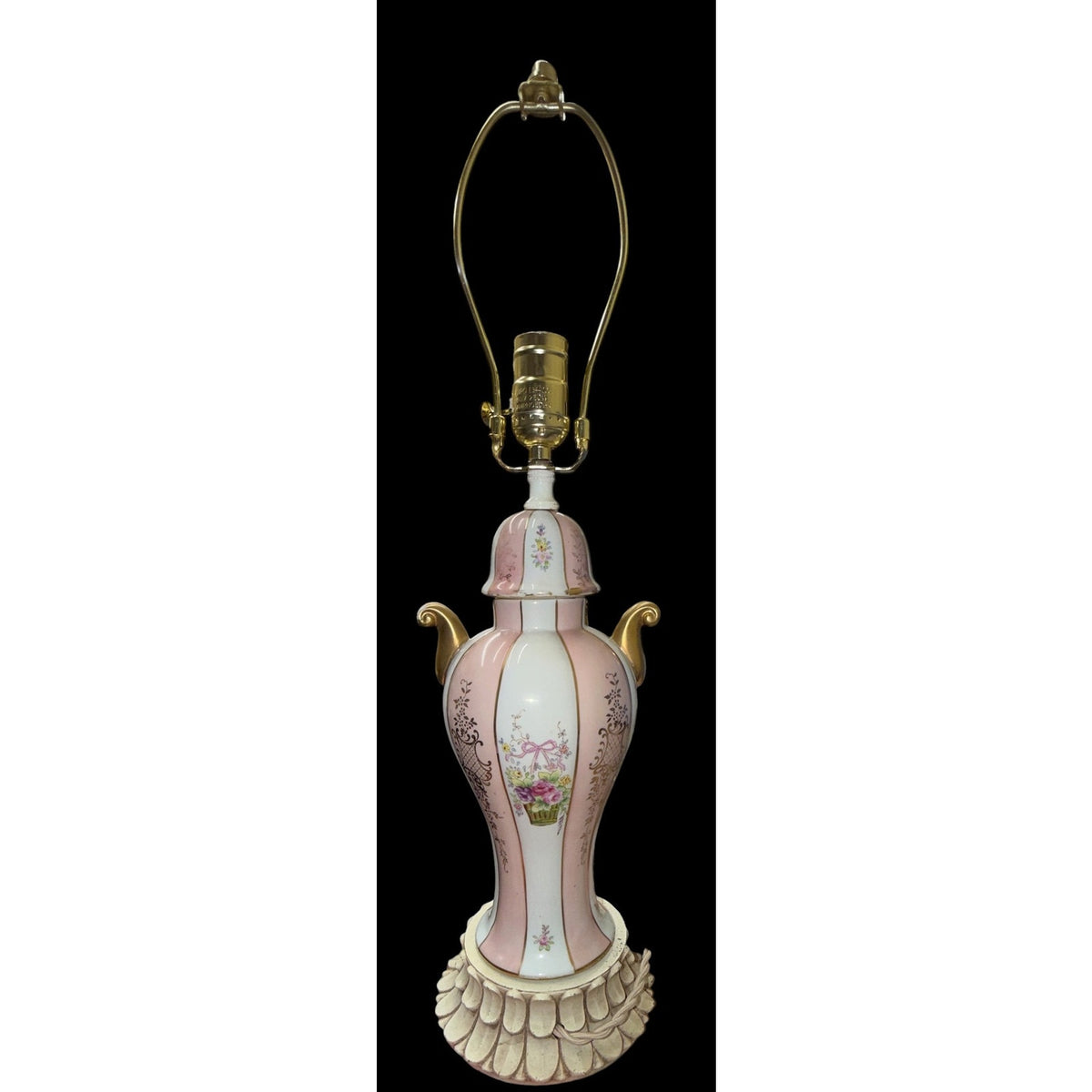 Vintage Pink Floral Ceramic Urn Table Lamp Rewired Pink Bell Shade