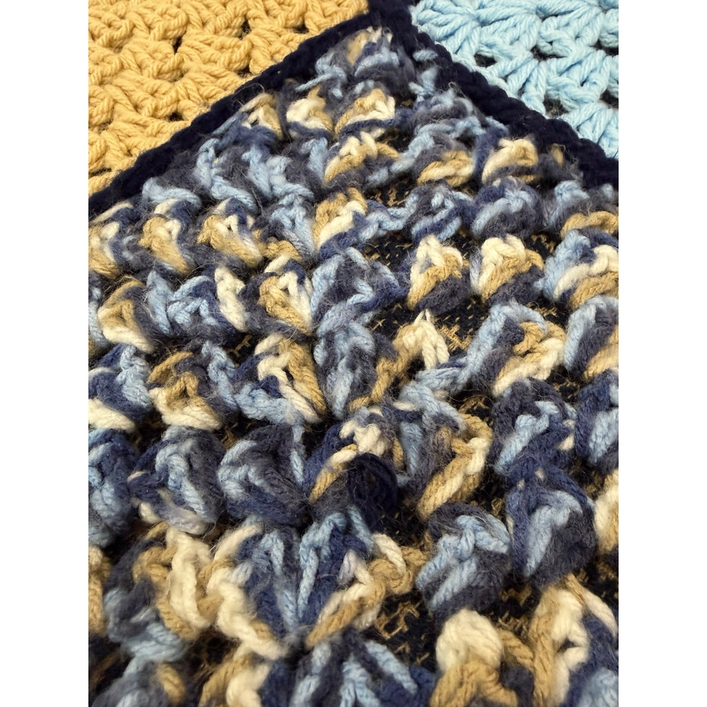Handmade Crochet Patchwork Afghan Blanket Navy Blue Tan 45 x 45