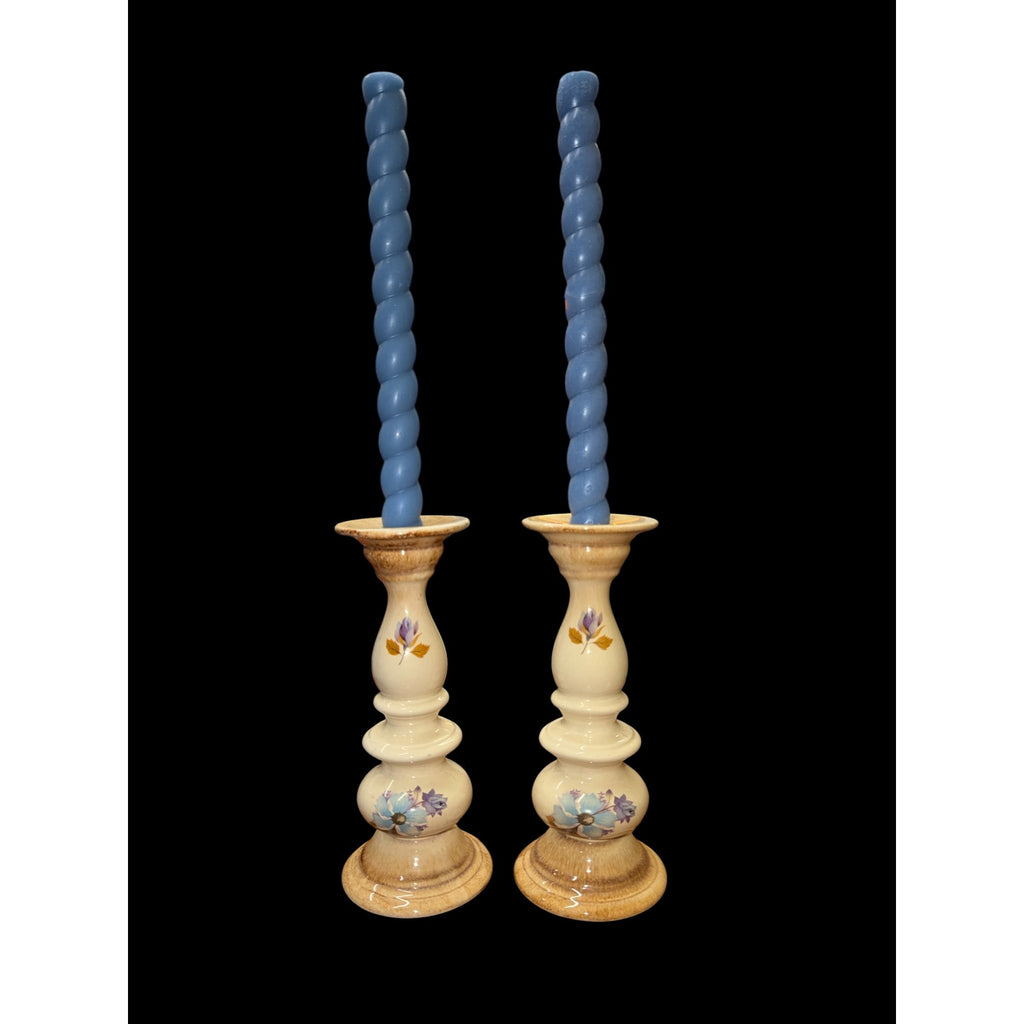 Vintage Floral Ceramic Candlestick Holders Pair 8 Inch with Blue Taper Candles