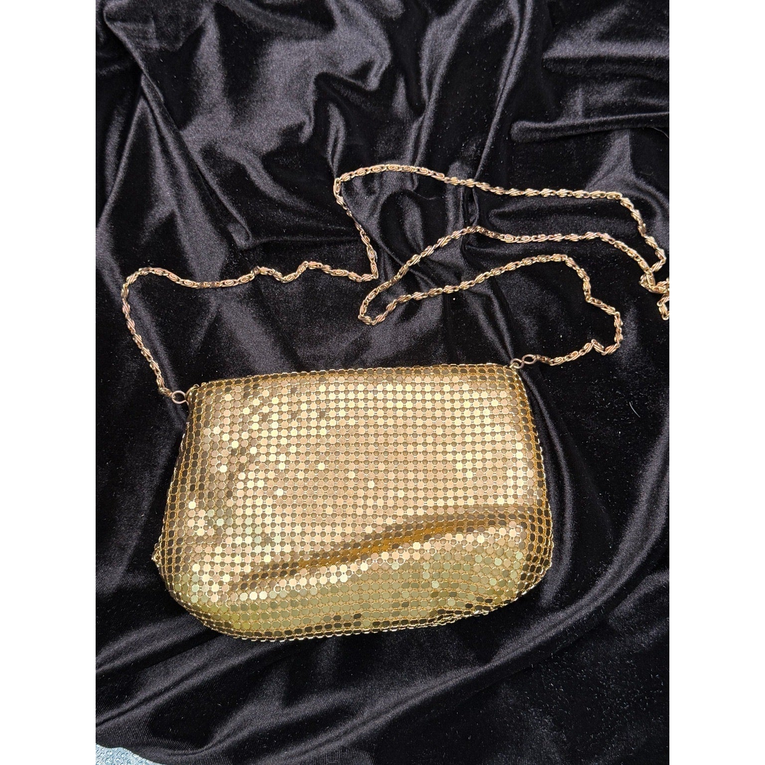 Vintage Gold Mesh Evening Bag Long Chain Purse Disco Cocktail Clutch
