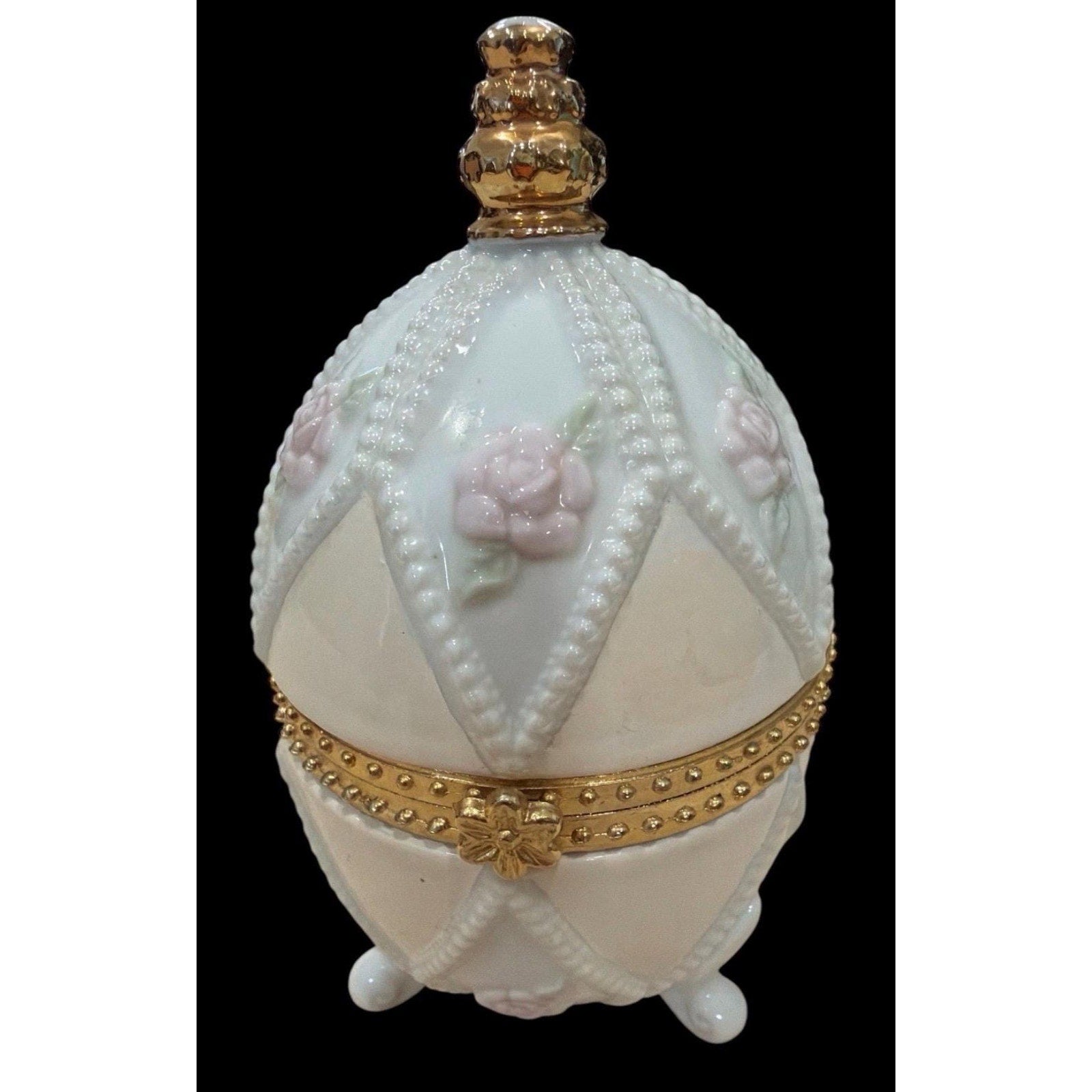 Vintage Porcelain Egg Trinket Box – Hinged Gilt Floral Keepsake – Romantic Vanity Decor