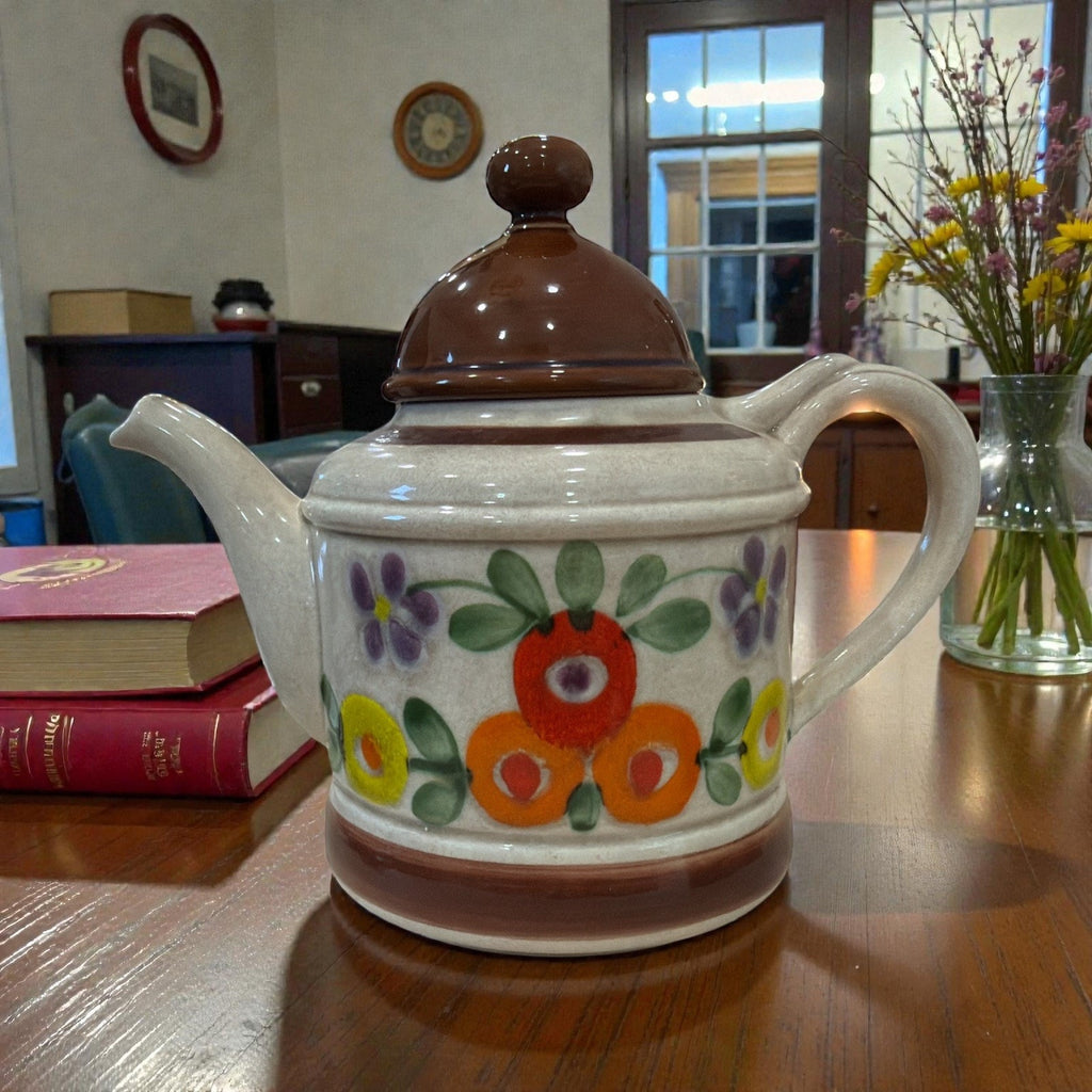 Vintage Hull USA Stoneware Teapot Hand Painted Floral Oven Proof Pot