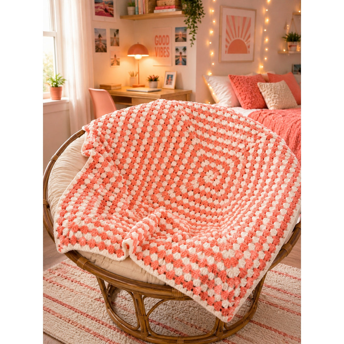 Handmade Crochet Afghan Dark Peach White Vintage Square Throw 50 x 50 – main view