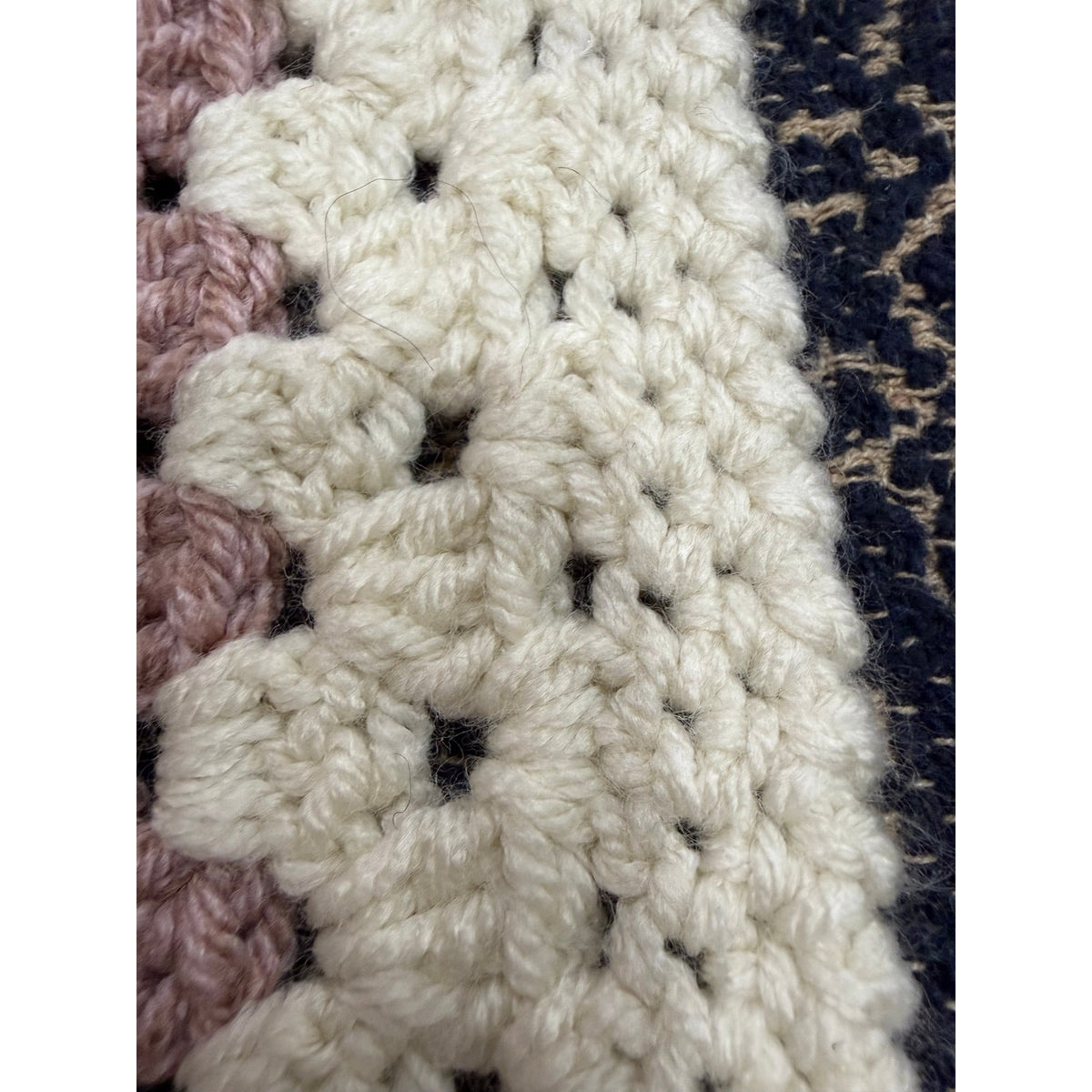 Handmade Crochet Lap Afghan Blanket Granny Square Ivory Navy Mint Pink 38"