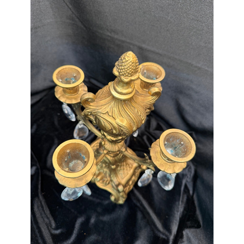 Vintage Gold Tone Crystal Prism 4 Light Candelabra Taper Candle Holder