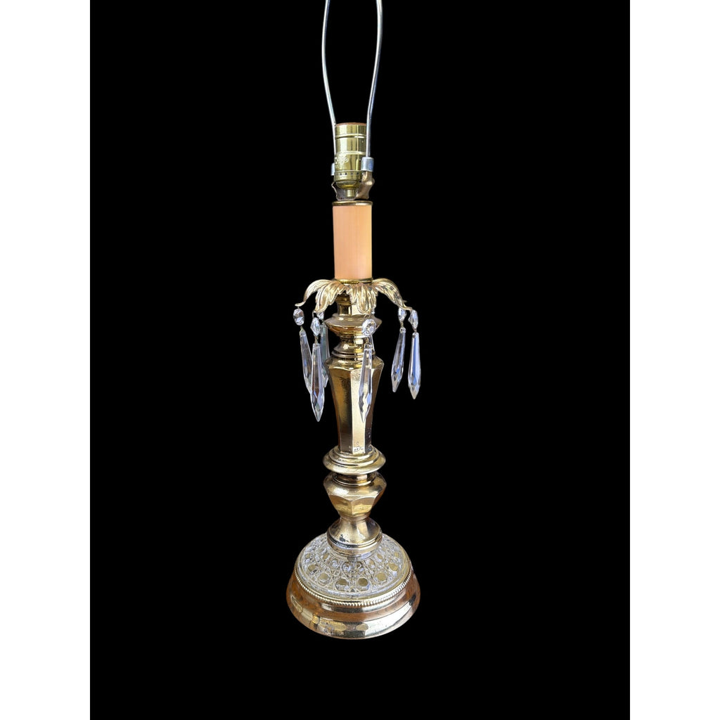 Vintage Hollywood Regency Brass & Crystal Prism Buffet Table Lamp