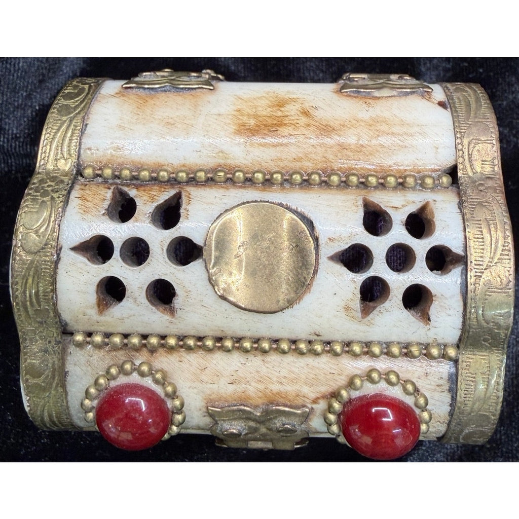 Vintage Bone & Brass Jewelry Box Purple Velvet Lined Keepsake Trinket Box