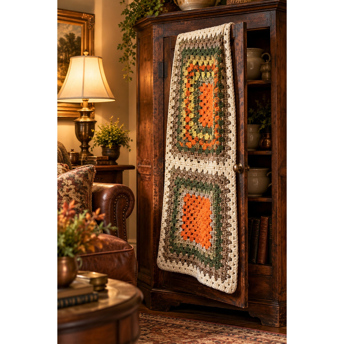 Vintage orange and green crochet decorative afghan cabinet drape
