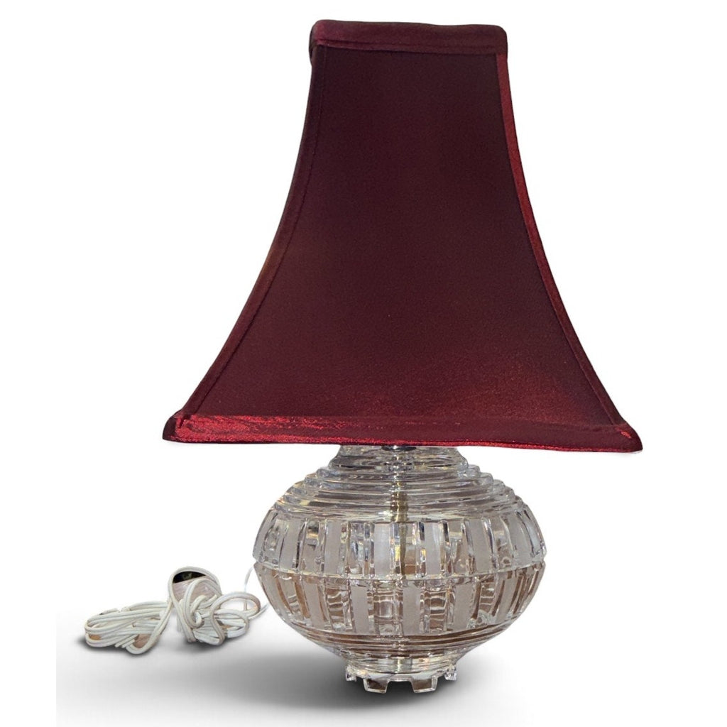 Vintage German Crystal Table Lamp Burgundy Silk Shade Hollywood Regency