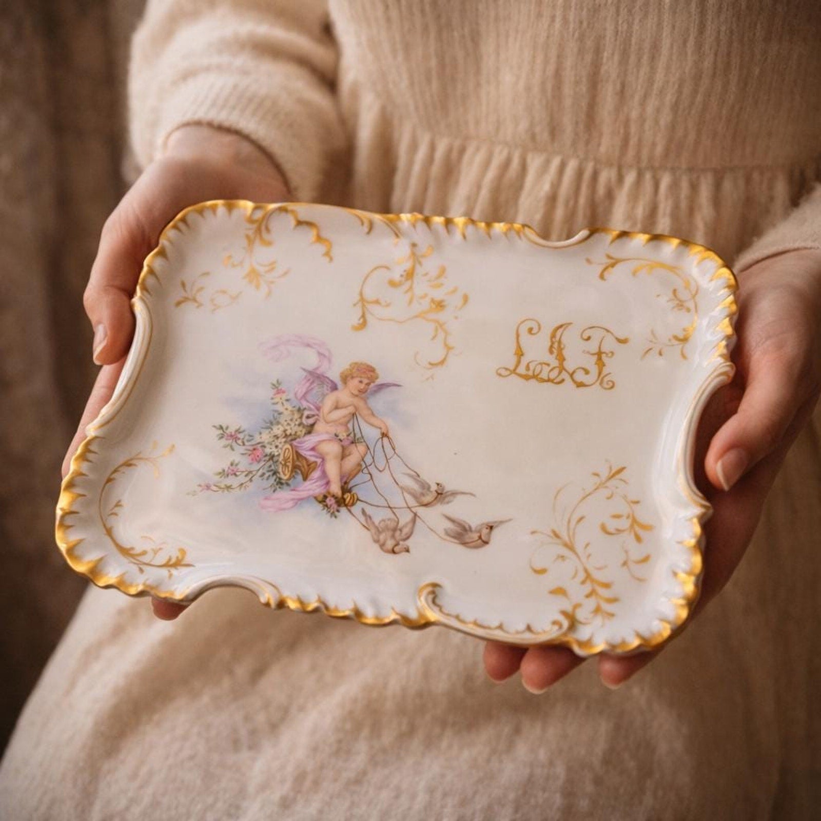 Antique RS Germany Porcelain Bowl Blue Gold Floral Handled Edwardian