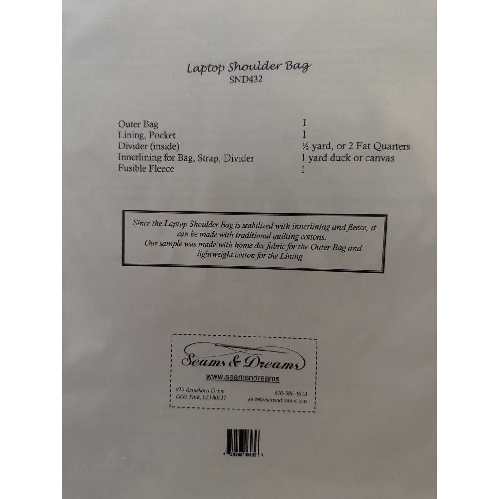 Seams & Dreams Laptop Shoulder Bag Pattern SND432 Uncut