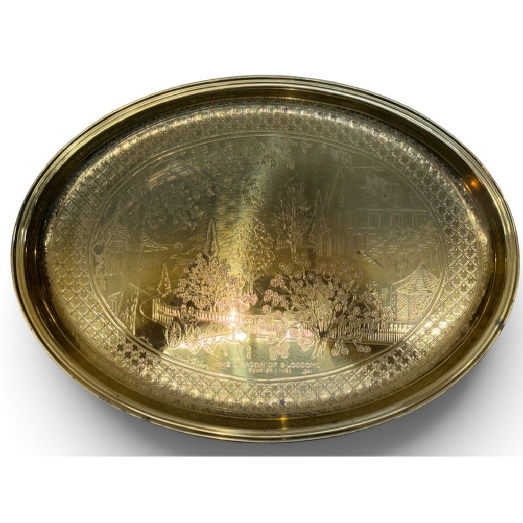 Vintage Currier & Ives Gold Tone Oval Tray The Season of Blossoms 16 Inch