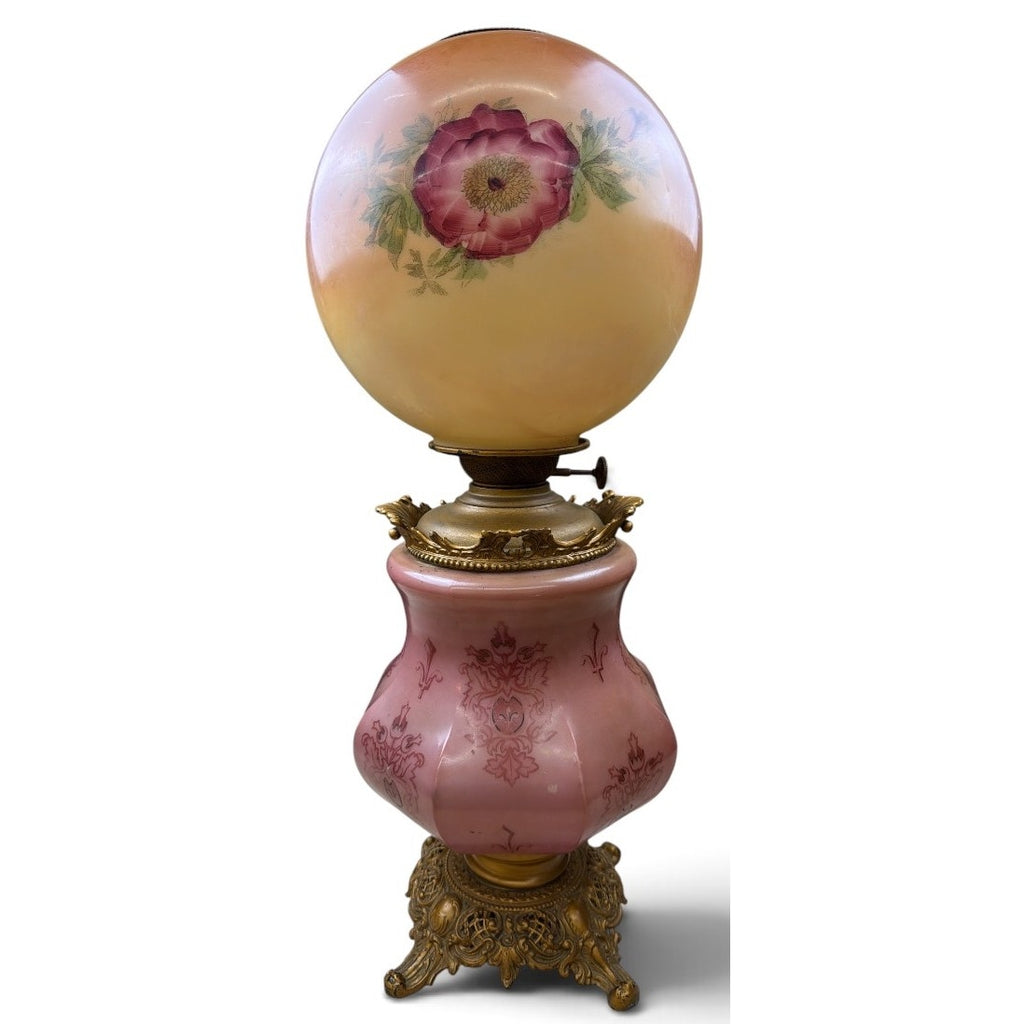 Antique Banquet Oil Lamp Pink Satin Glass Success Burner Floral Globe