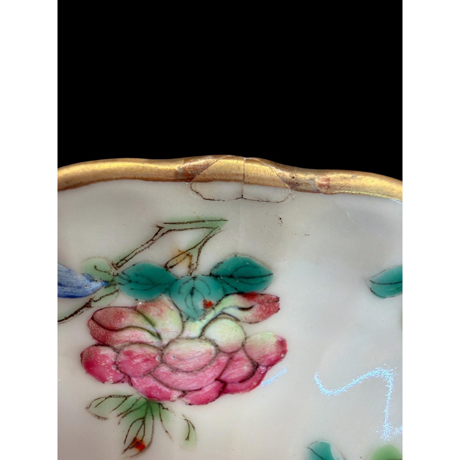 Vintage Chinoiserie Porcelain Bowls Pair Floral Cricket Trinket Dishes