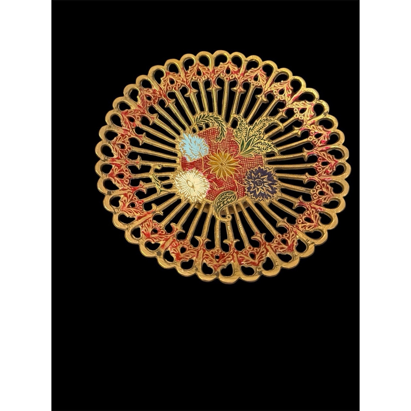 Vintage Solid Brass Pedestal Dish Enamel Floral India Trinket Bowl