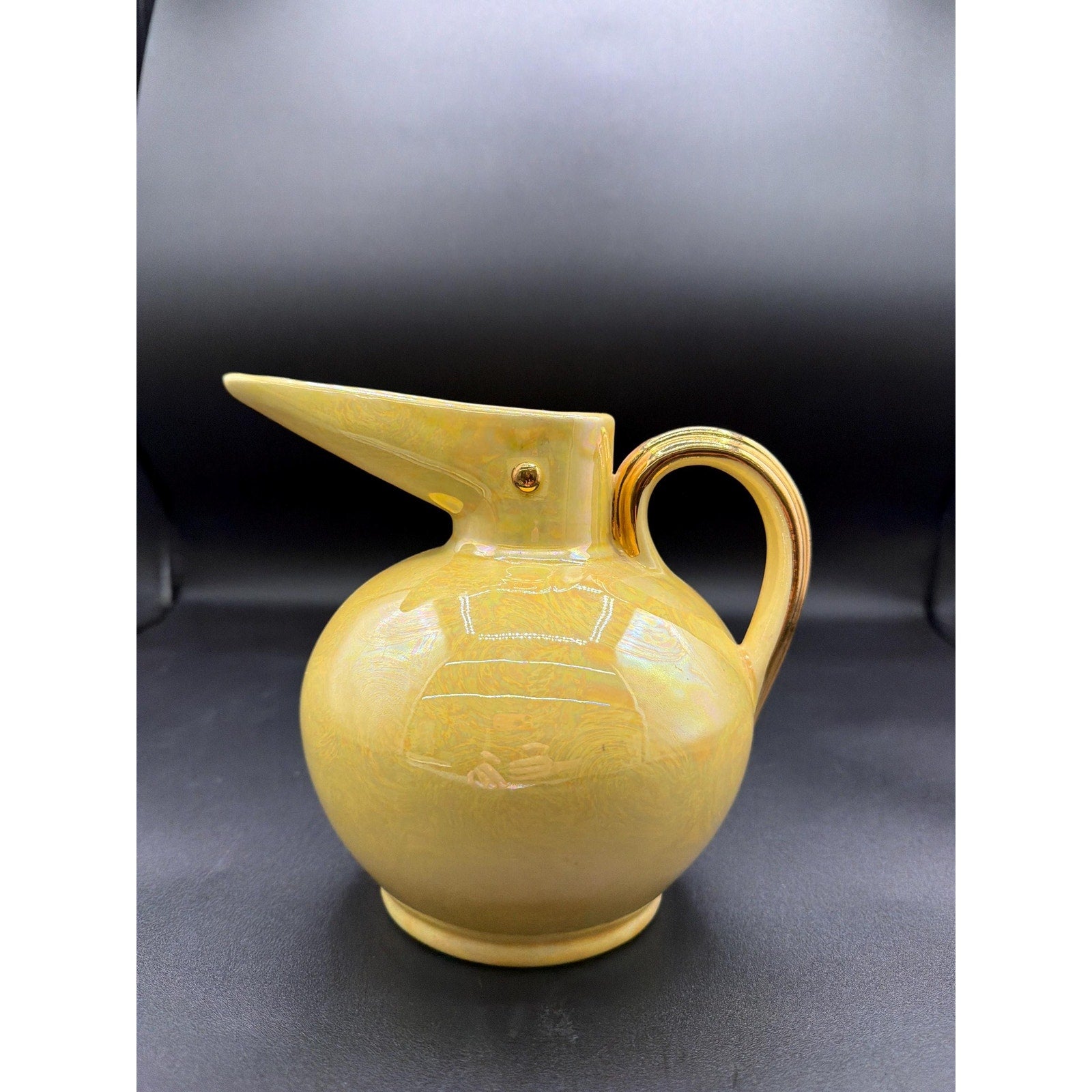 Vintage Art Pottery Ewer – Iridescent Bird Form Vase with 22K Gold Handle (USA)