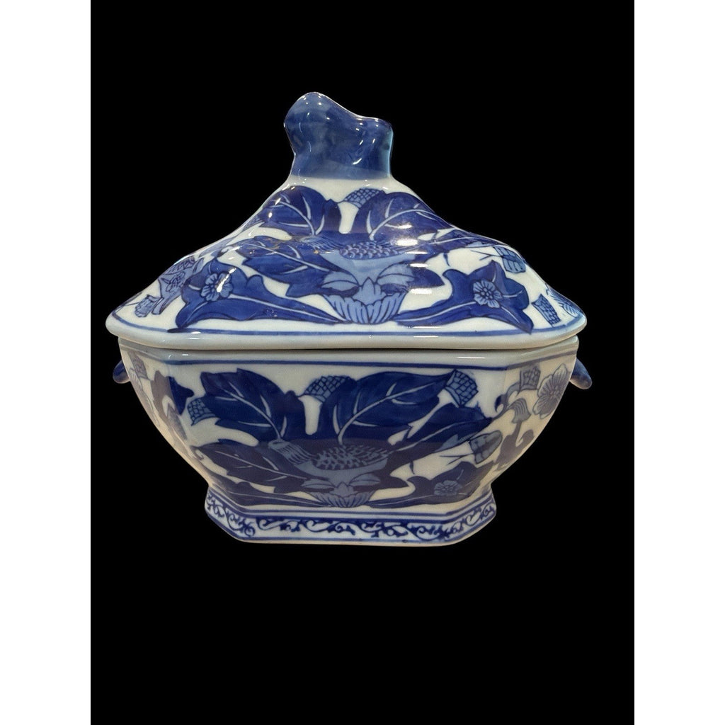 Vintage Blue White Porcelain Phoenix Bird Lidded Jar Octagonal 7 Inch