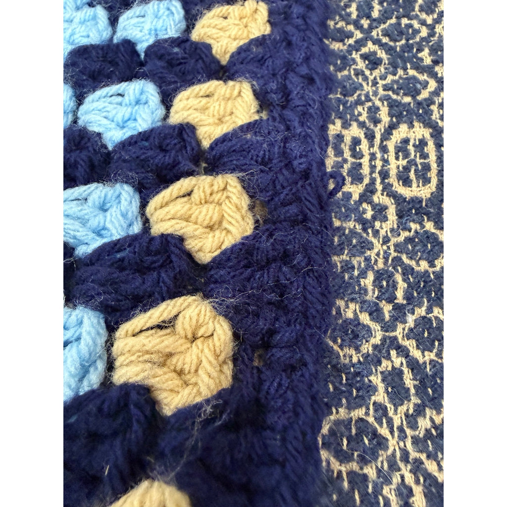 Handmade Crochet Patchwork Afghan Blanket Navy Blue Tan 45 x 45