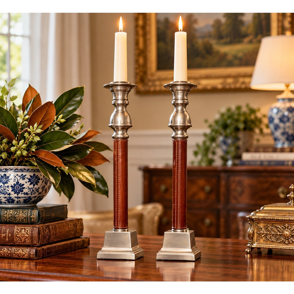 Vintage Leather & Pewter Candlesticks – 14” Tall – Pair of Luxury Taper Candle Holders