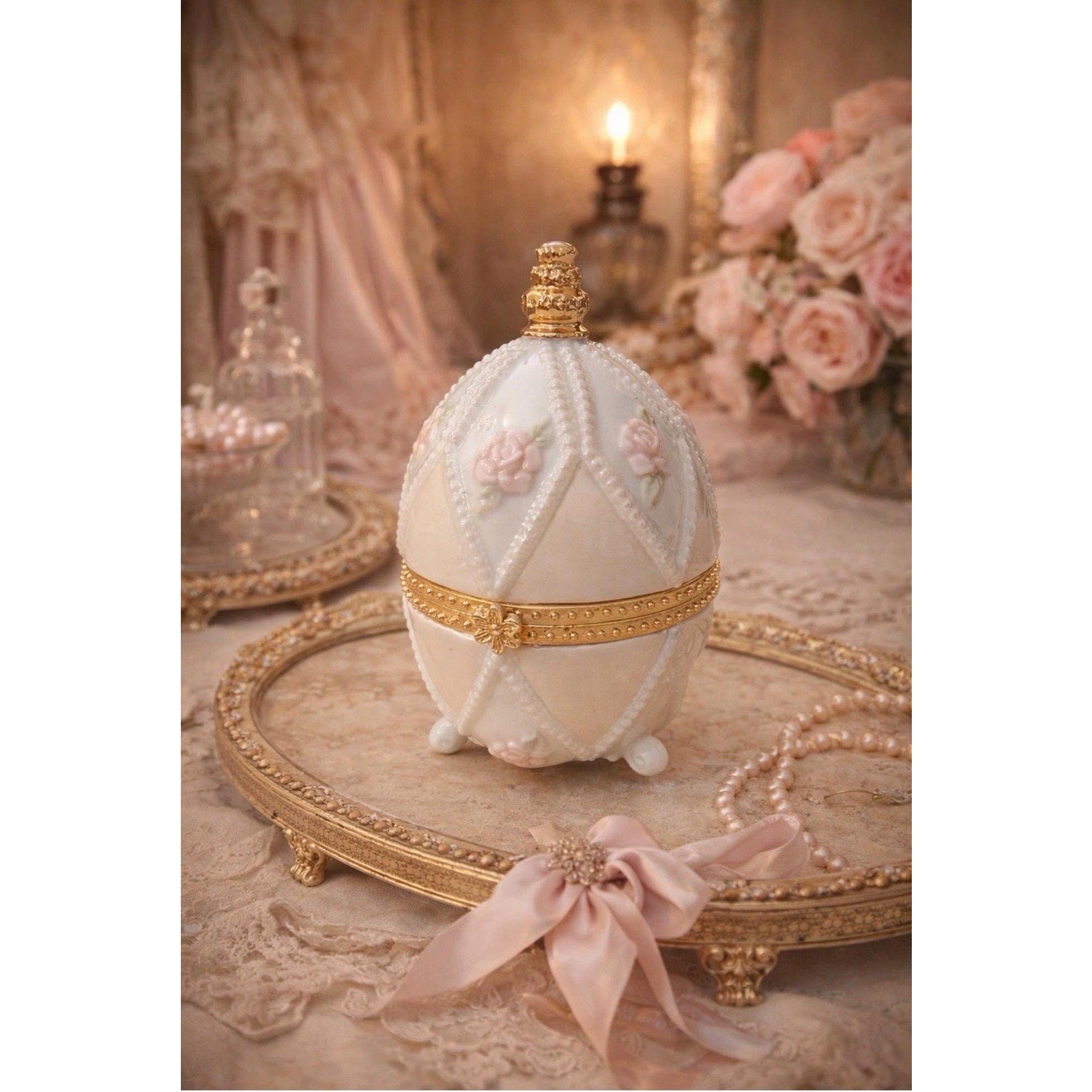 Vintage Porcelain Egg Trinket Box – Hinged Gilt Floral Keepsake – Romantic Vanity Decor