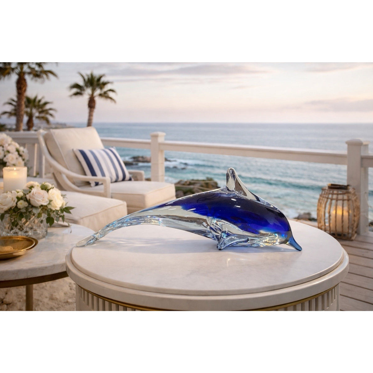 Art Glass Dolphin Paperweight 7” Blue Clear Coastal Nautical Desk Decor