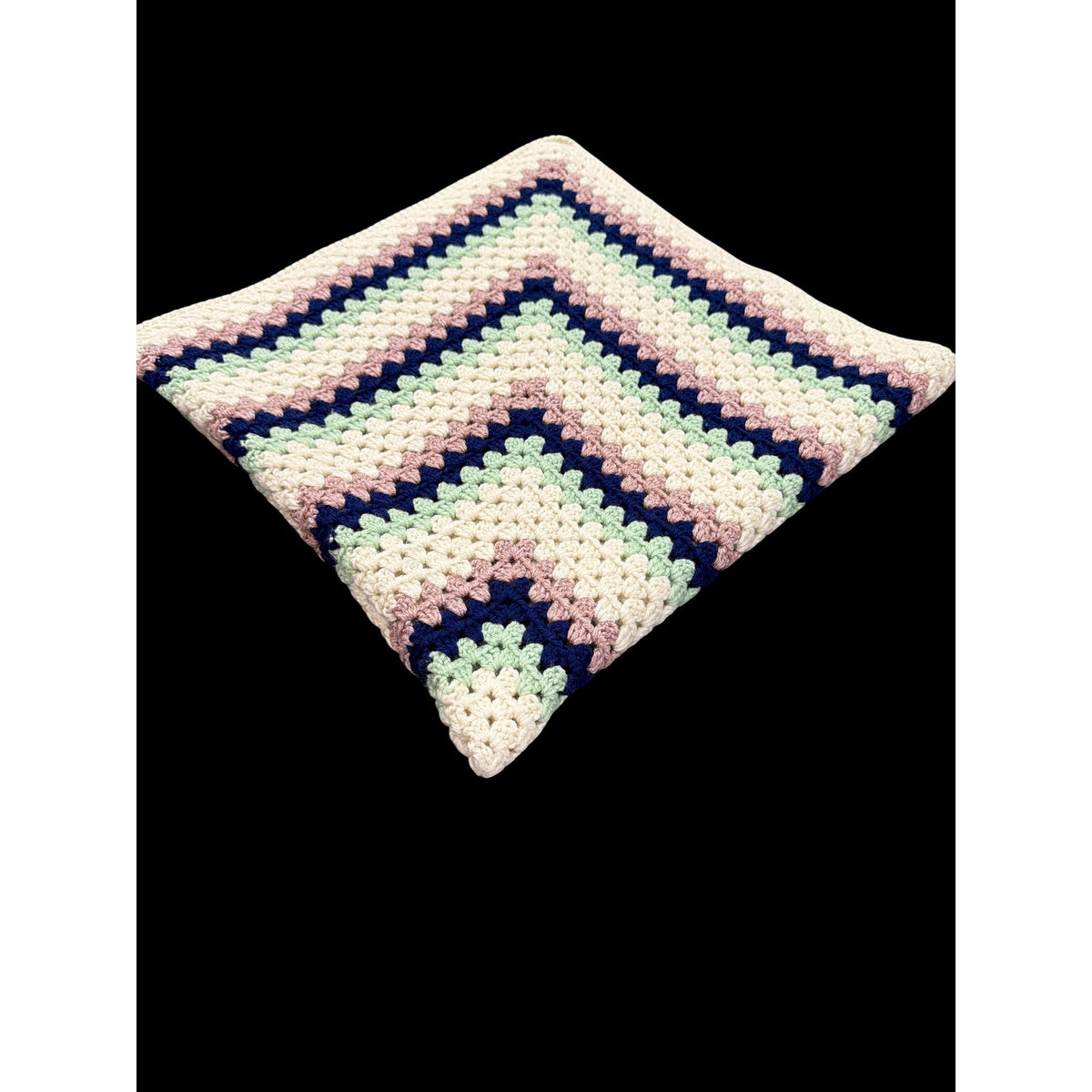 Handmade Crochet Lap Afghan Blanket Granny Square Ivory Navy Mint Pink 38"
