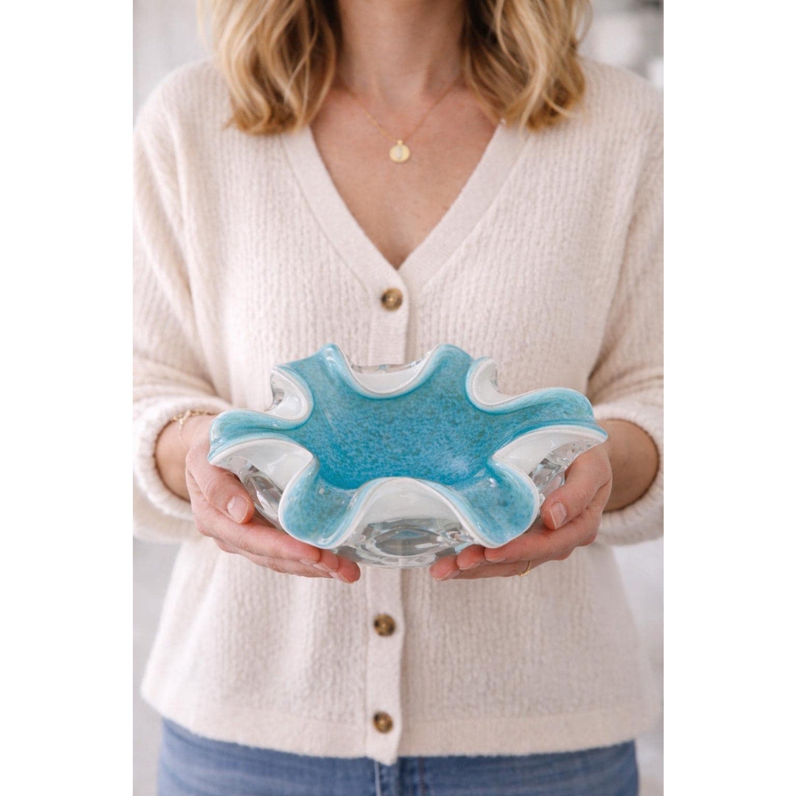 Vintage Hand Blown Art Glass Ruffled Bowl Teal White Freeform Centerpiece
