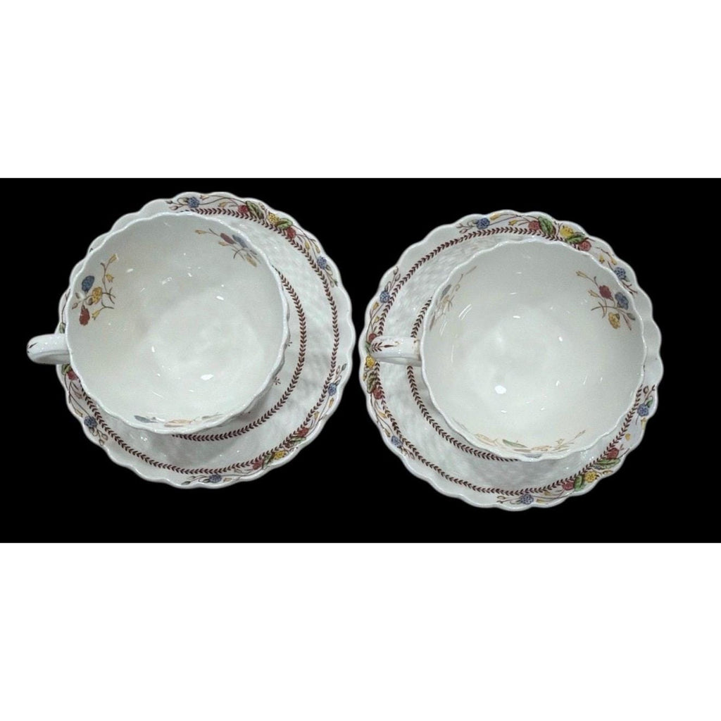 Spode Copeland Cowslip S713 Teacups & Saucers Pair England Bone China Floral Vintage