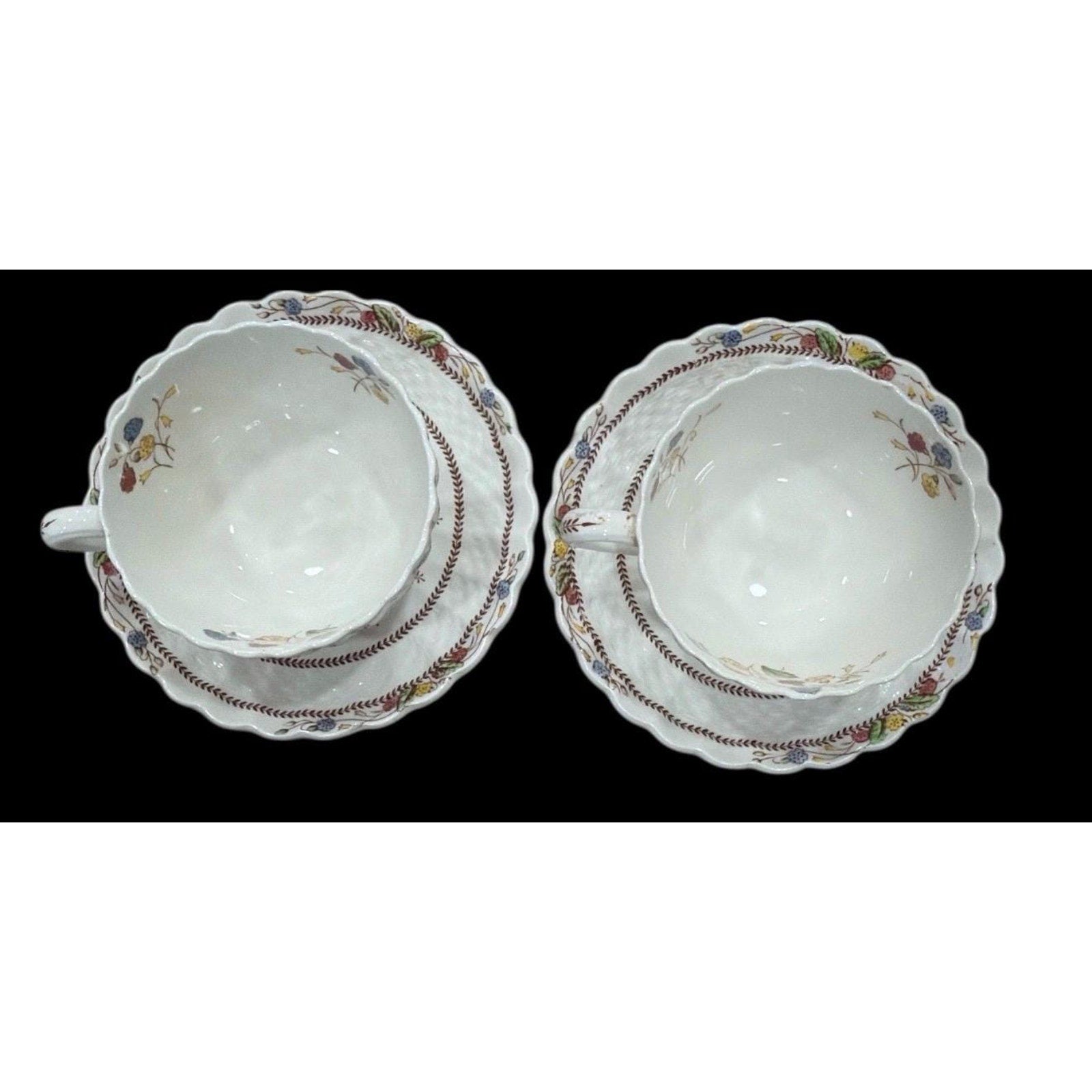Spode Copeland Cowslip S713 Teacups & Saucers Pair England Bone China Floral Vintage