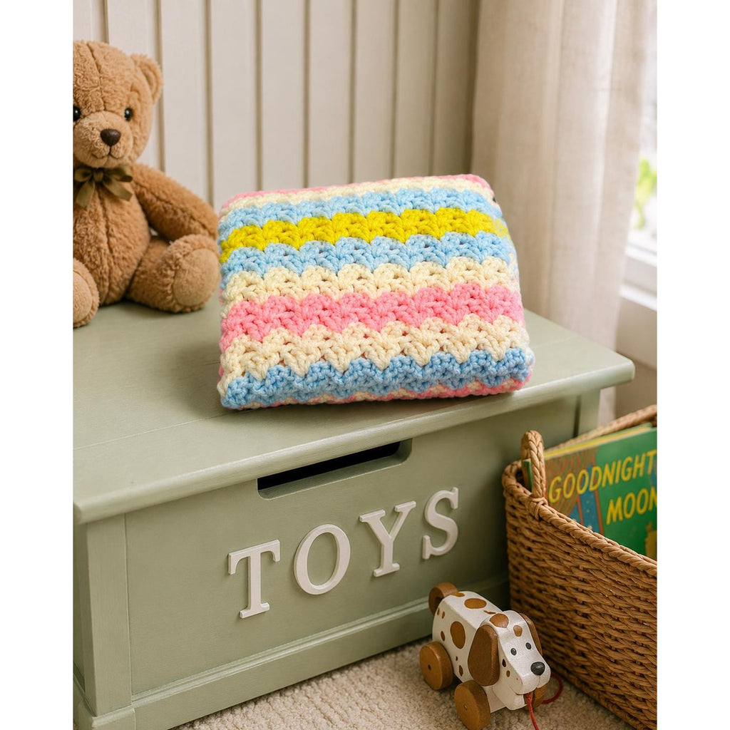 Vintage Hand Crocheted Baby Blanket Pastel Pink Blue Yellow Handmade