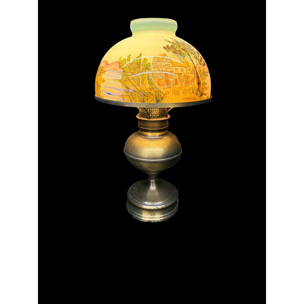 Antique Hand Painted Opal Glass Lamp Brass Electric Oil Lamp 21"