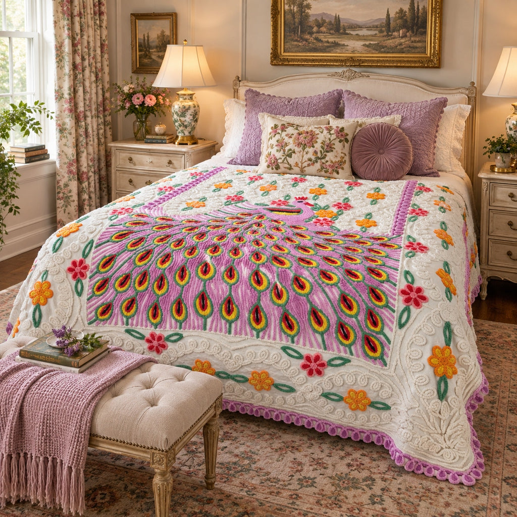 Vintage peacock chenille bedspread full double size, 88 x 100 inches