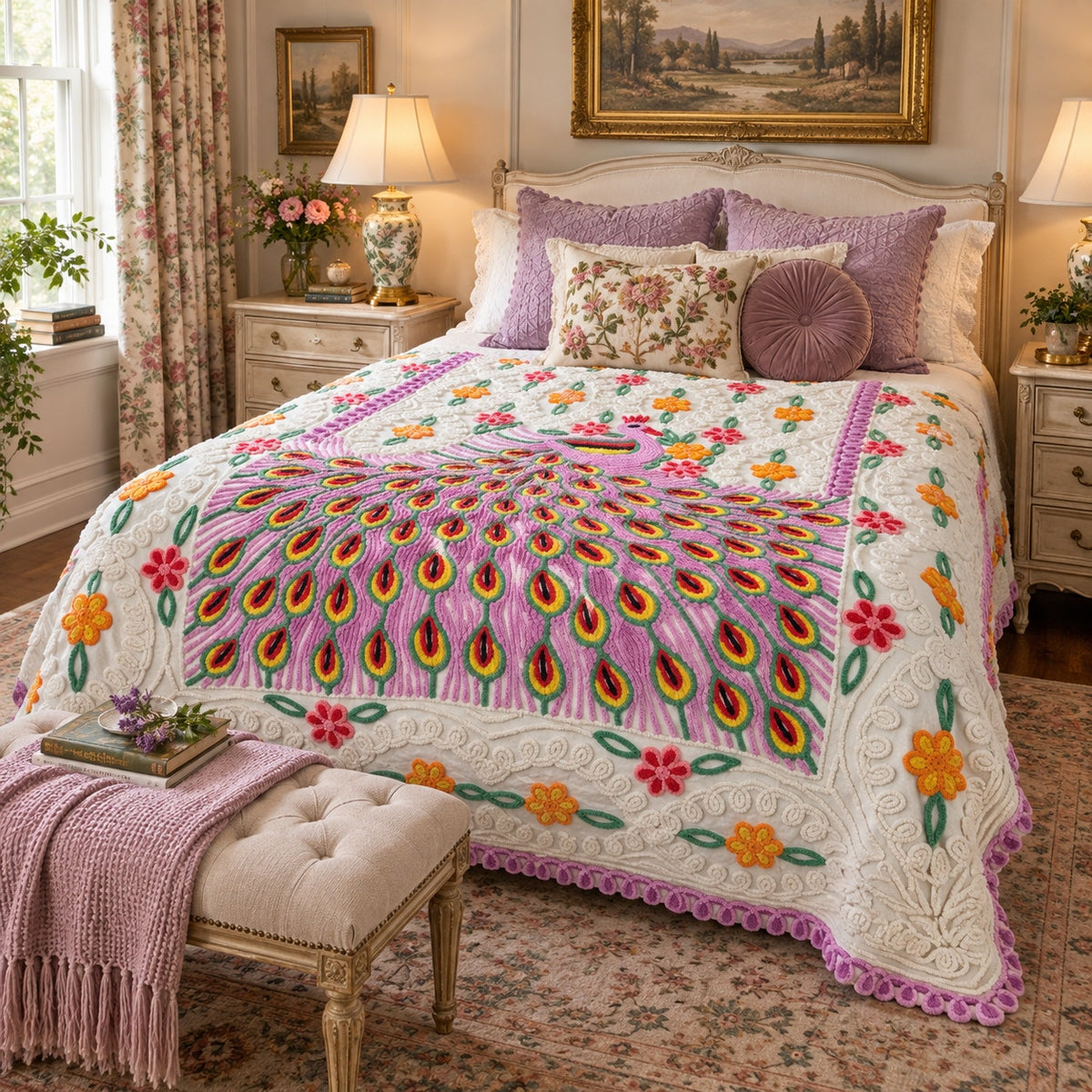 Vintage peacock chenille bedspread full double size, 88 x 100 inches
