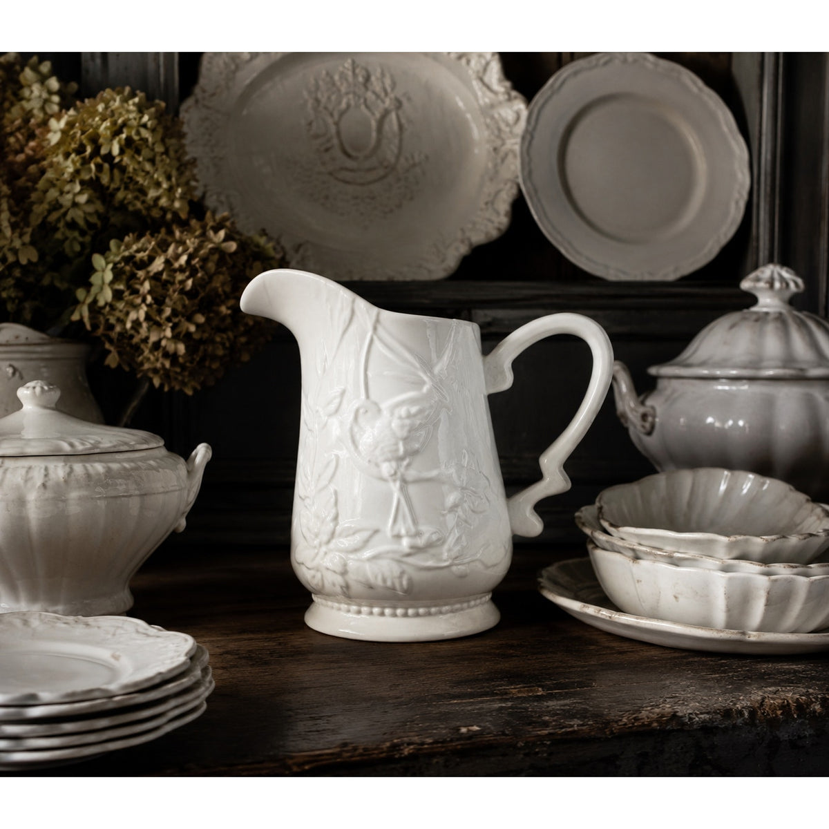 Vintage White Relief Bird Pitcher Ironstone Style Farmhouse Cottage Decor – main view