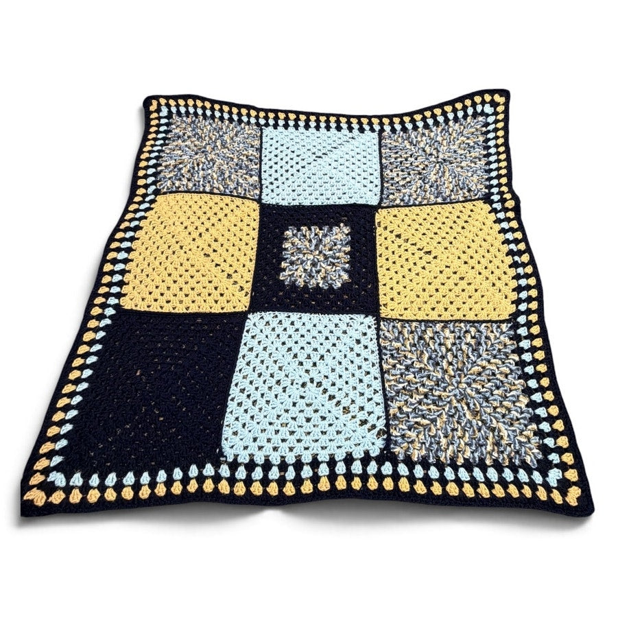 Handmade Crochet Patchwork Afghan Blanket Navy Blue Tan 45 x 45