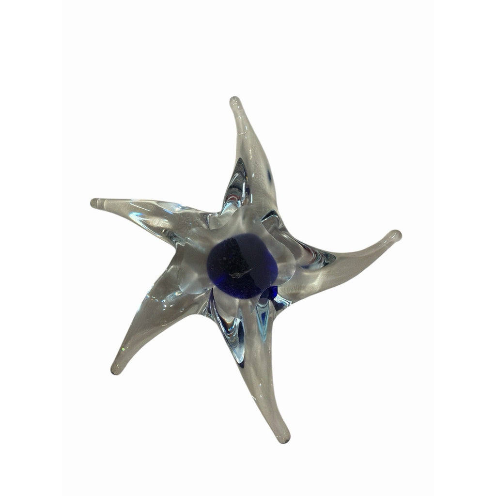 Hand Blown Art Glass Starfish Paperweight Blue Clear 7” Coastal Decor