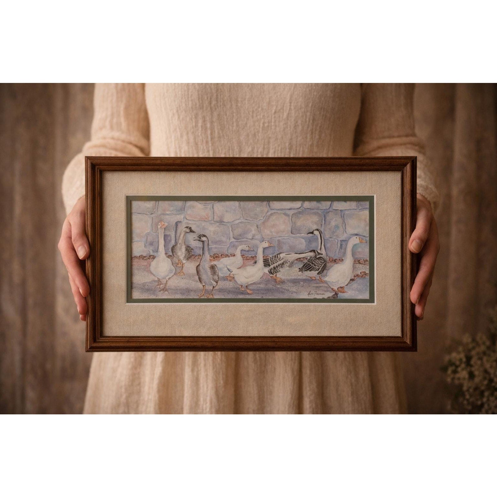 Vintage Framed Goose Print Farmhouse Wall Art Cottage Kitchen Decor 17x10