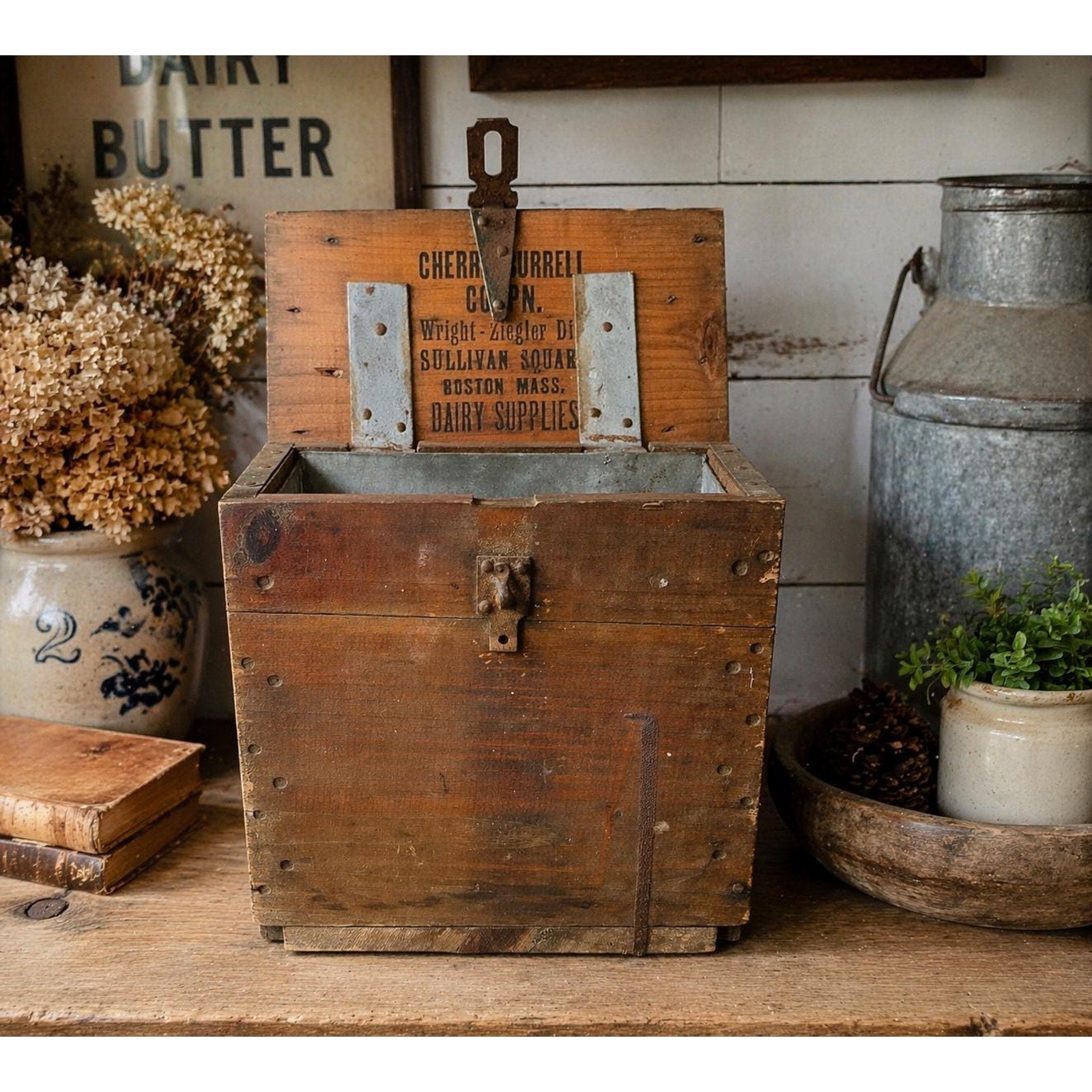 Antique Cherry Burrell Dairy Box AAFA Primitive Wooden Storage Box Farmhouse