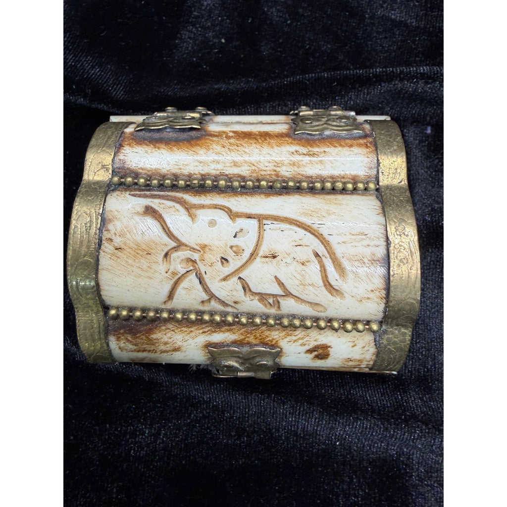 Vintage Carved Bone Brass Trinket Box Purple Velvet Lined Jewelry Box