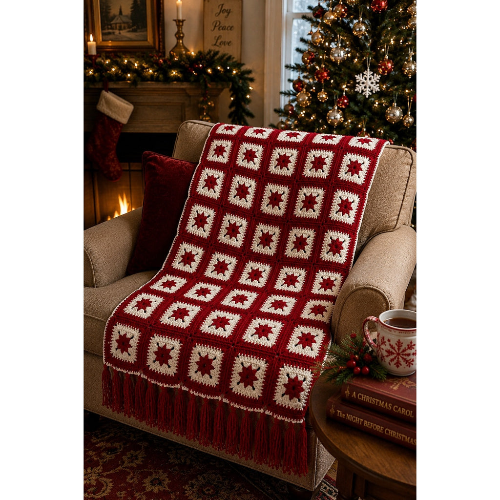 Vintage Christmas Crochet Afghan Red White Poinsettia Flower Blanket 45 x 70