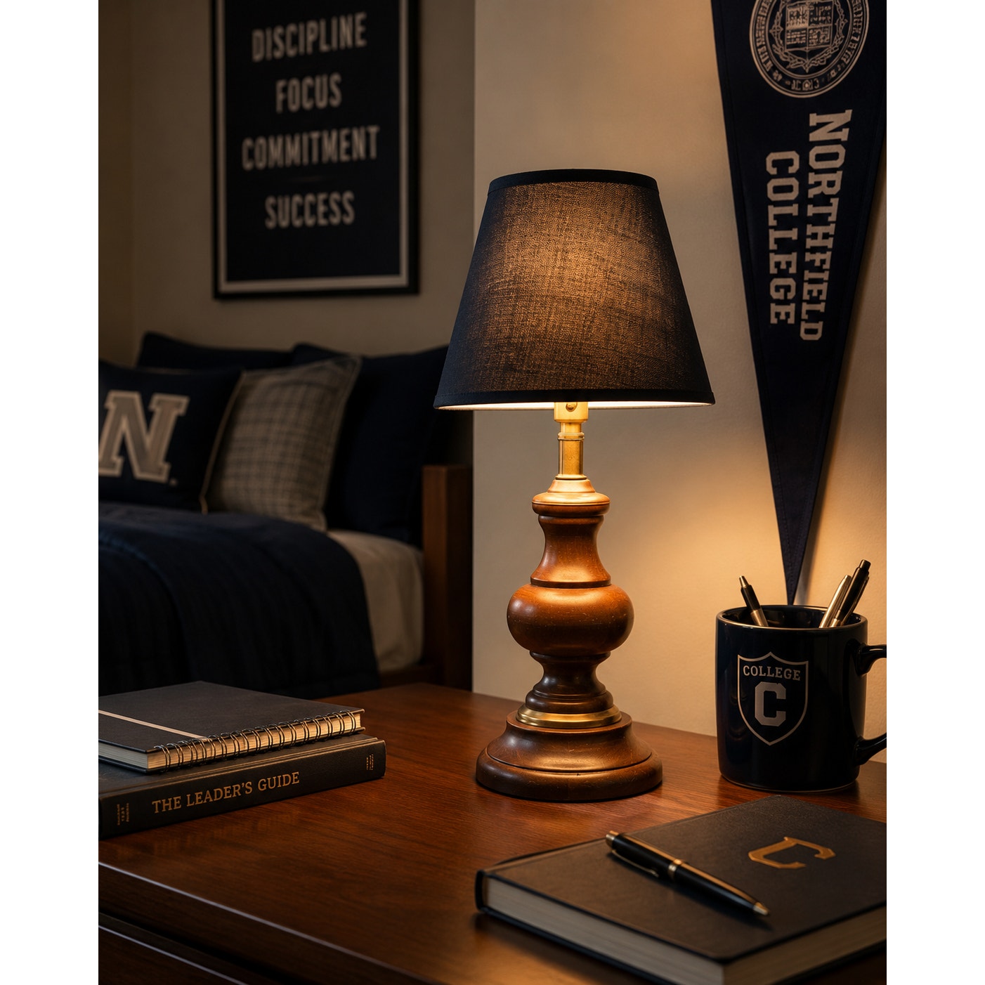 Vintage Turned Wood & Brass Table Lamp, Colonial Style Accent Desk Lamp