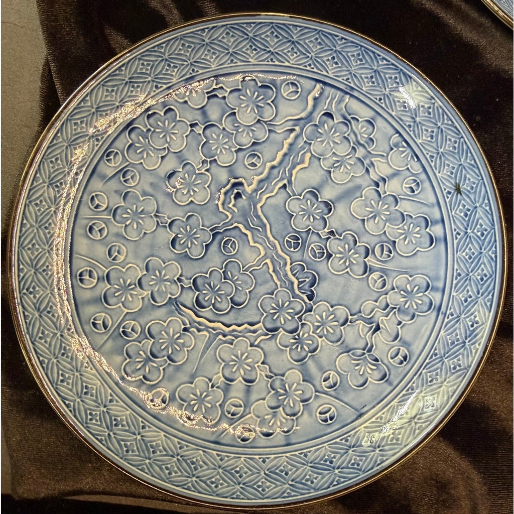 Pair of Vintage Kutani Blue Cherry Blossom Porcelain Salad Plates 7.5 Inch